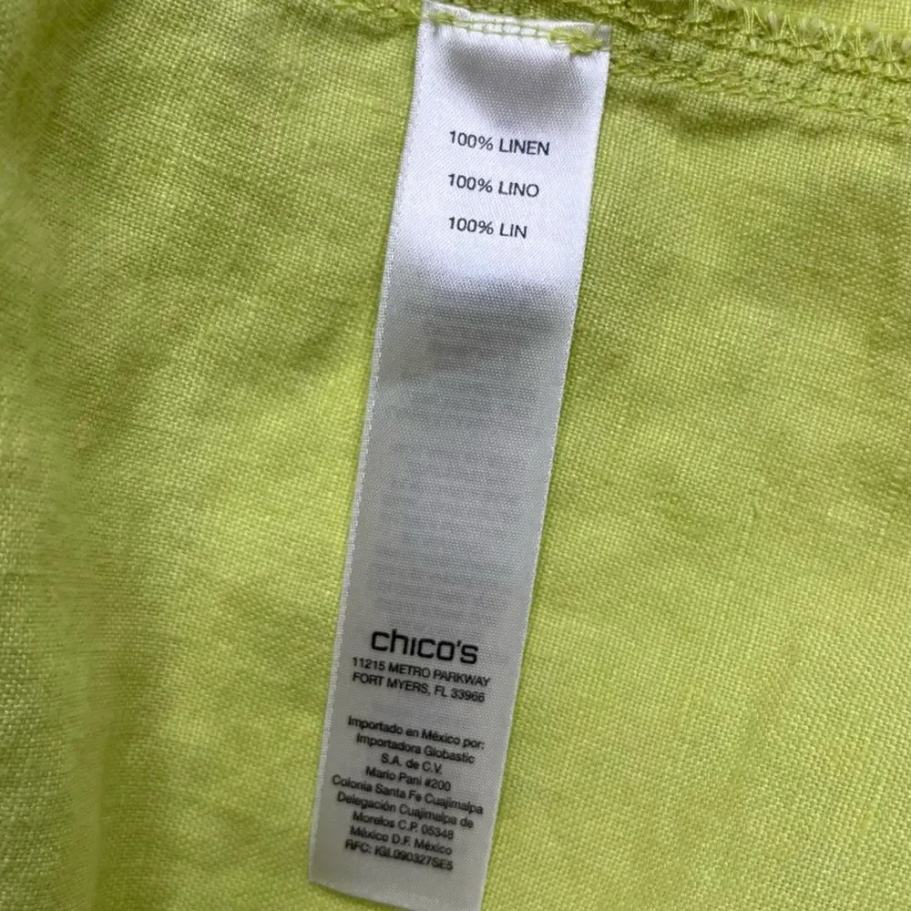 Chicos Drape Front Easy Linen Jacket Chartreuse Roll Tab Sleeve Women Size Large